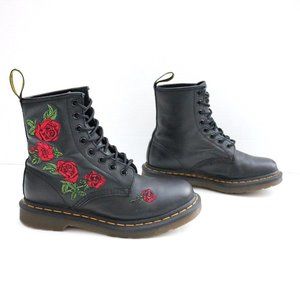 Dr. Martens Black Boots with Red Floral Embroidery